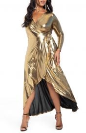 ELOQUII Metallic Long Sleeve Jersey Wrap Maxi Dress  Plus Size    Nordstrom at Nordstrom